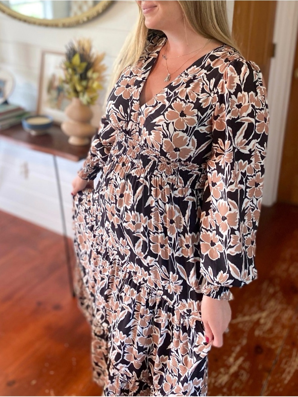 NWT Boutique Black Floral V-Neck Smocked Waist Maxi Dress